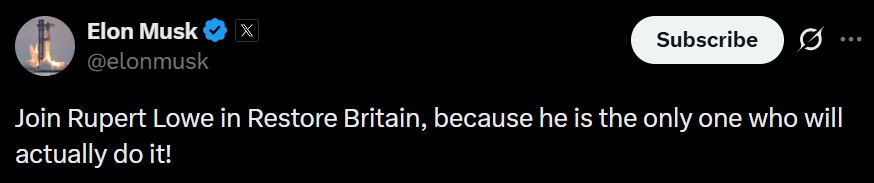 Elon Musk on X: "Join Rupert Lowe in Restore Britain, because he is the only one who will actually do it!"