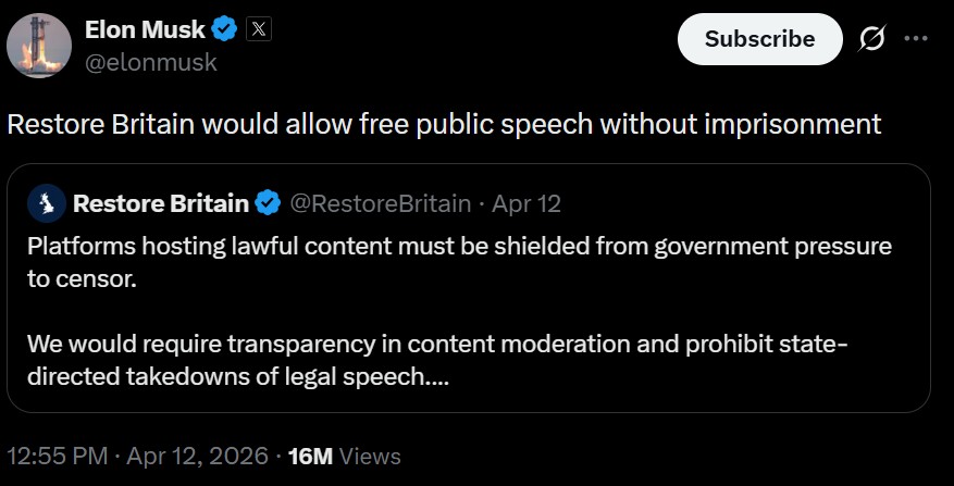 Elon Musk on X: "Restore Britain would allow free public speech without imprisonment"